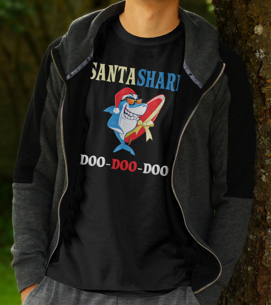 Santa Shark Doo-Doo-Doo Surfboard Christmas T-Shirt