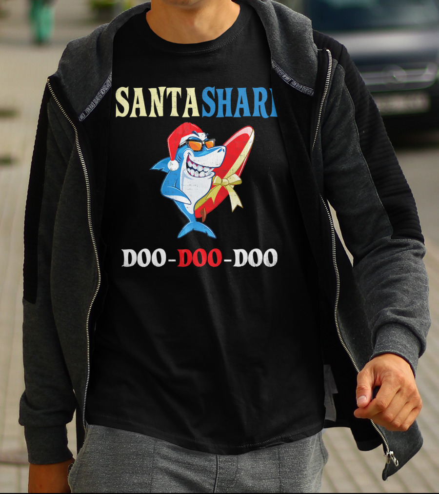 Santa Shark Doo-Doo-Doo Surfboard Christmas T-Shirt