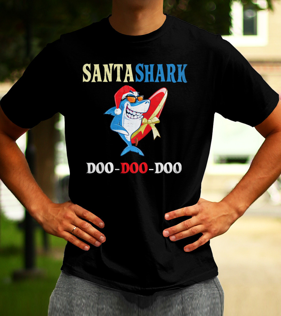Santa Shark Doo-Doo-Doo Surfboard Christmas T-Shirt