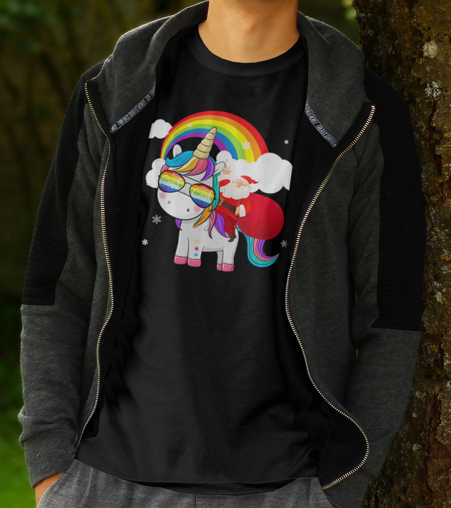 Cool Santa Riding Unicorn Rainbow Christmas Cos T-Shirt