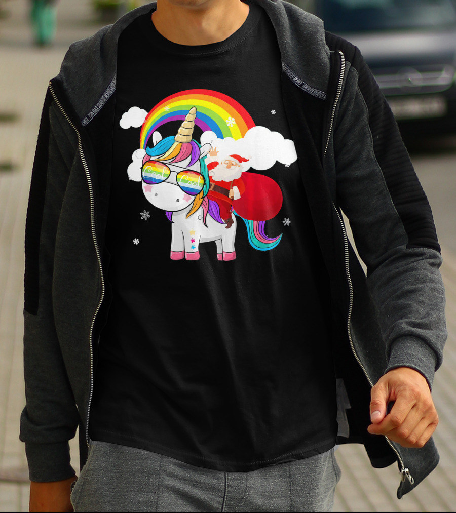 Cool Santa Riding Unicorn Rainbow Christmas Cos T-Shirt