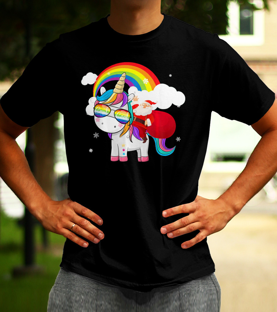 Cool Santa Riding Unicorn Rainbow Christmas Cos T-Shirt