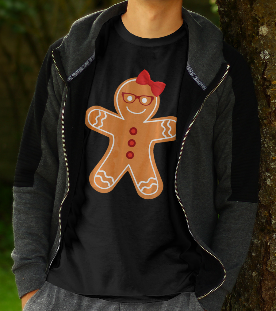 Gingerbread Girl Cookie With Glasses And Red Bow Christmas T-Shirt