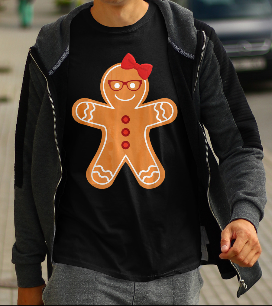 Gingerbread Girl Cookie With Glasses And Red Bow Christmas T-Shirt