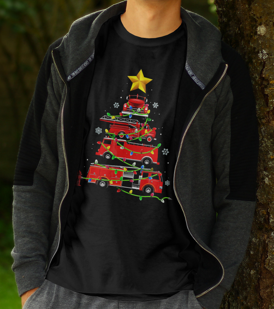 Firefighter Truck Holiday Lights Christmas Tree T-Shirt
