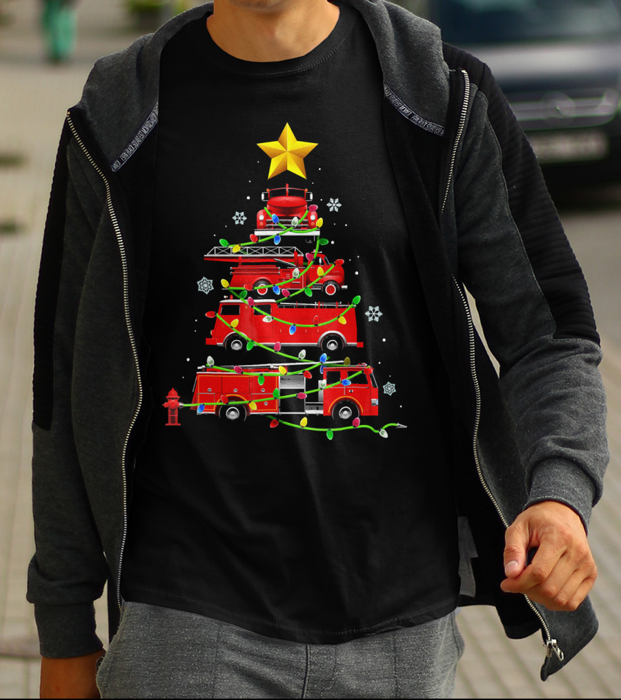 Firefighter Truck Holiday Lights Christmas Tree T-Shirt