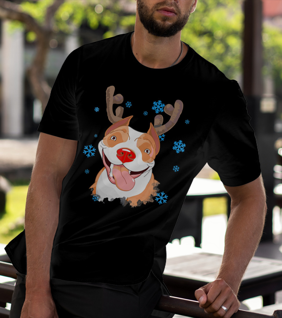 Funny Cutie Pit Bull Reindeer Antlers Snowflakes T-Shirt