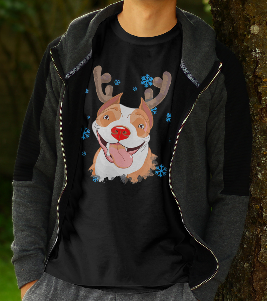 Funny Cutie Pit Bull Reindeer Antlers Snowflakes T-Shirt