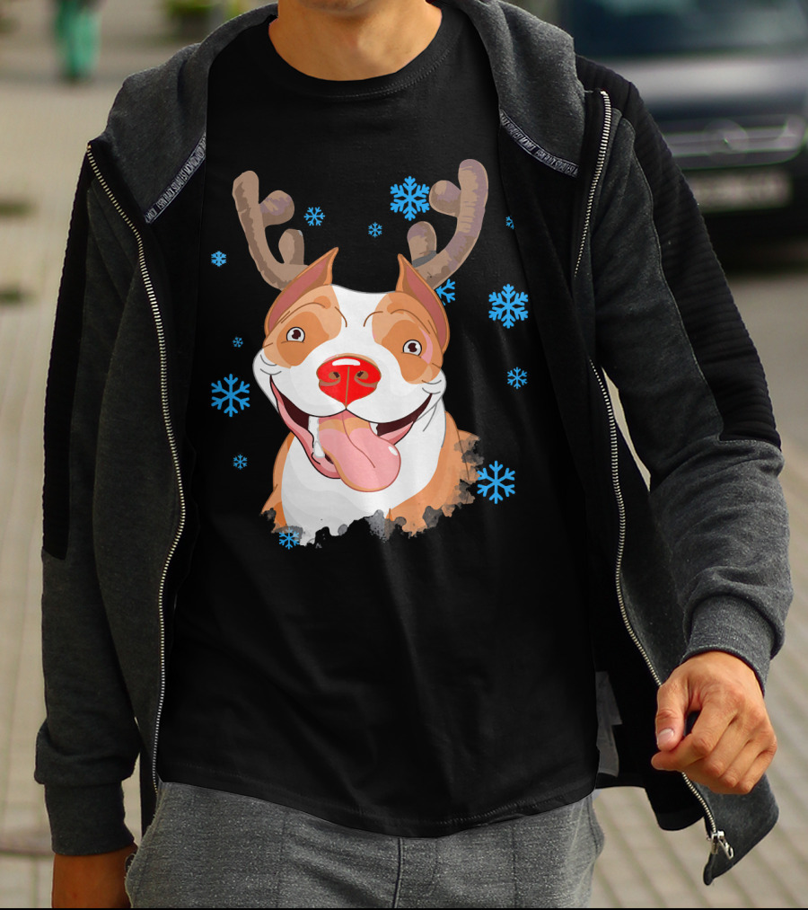 Funny Cutie Pit Bull Reindeer Antlers Snowflakes T-Shirt