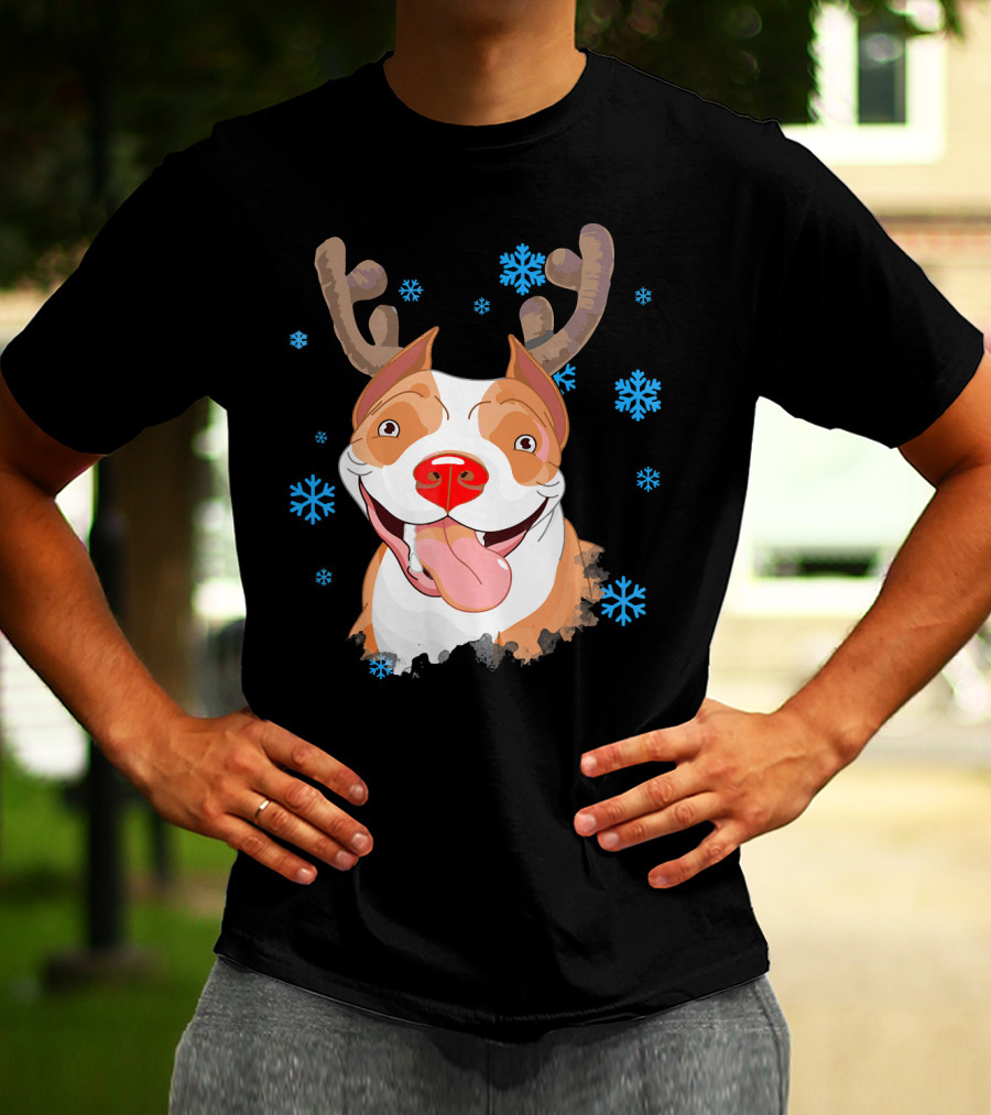 Funny Cutie Pit Bull Reindeer Antlers Snowflakes T-Shirt
