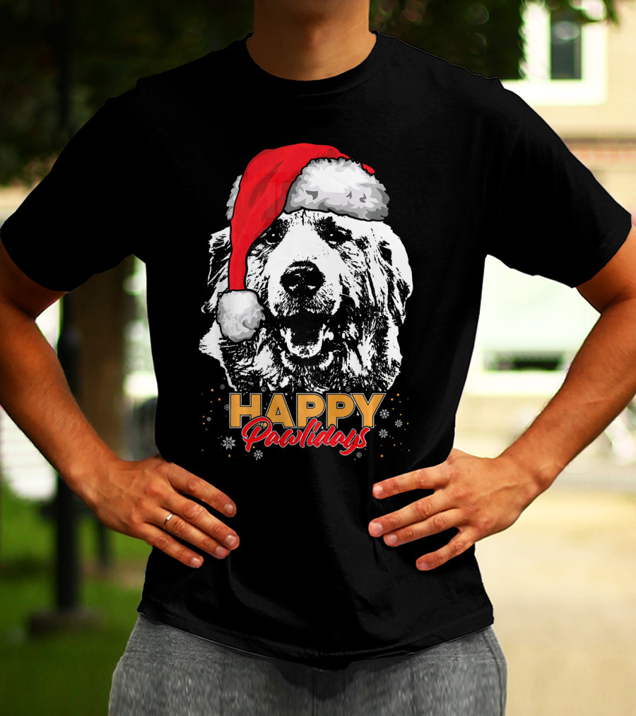 Happy Pawlidays Funny Christmas Great Pyrenees Santa Hat T-Shirt