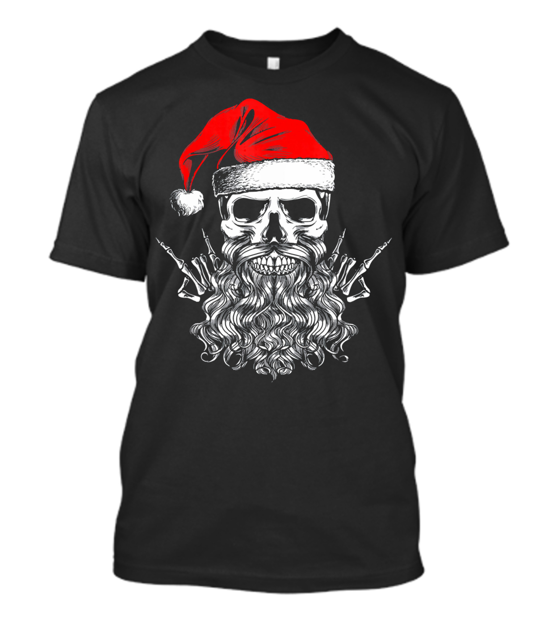 Hail Santa Heavy Metal Skull Red Santa Hat Skeleton Beard T-Shirt