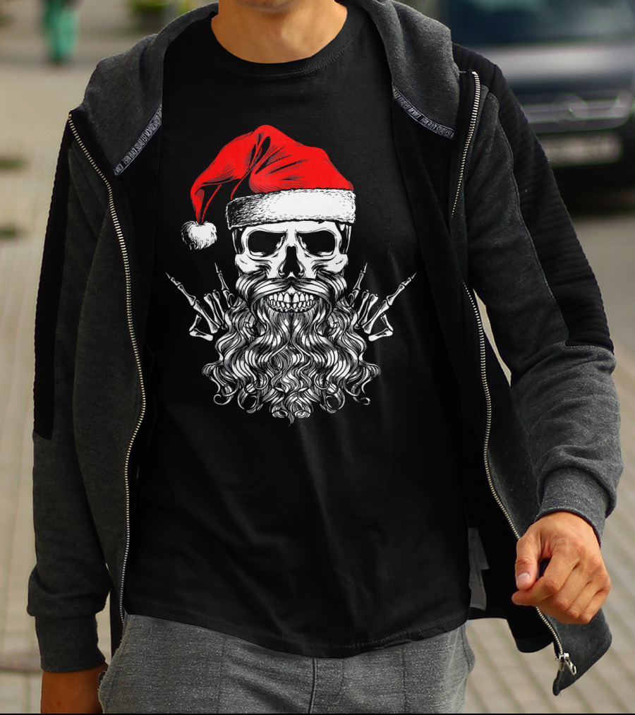 Hail Santa Heavy Metal Skull Red Santa Hat Skeleton Beard T-Shirt