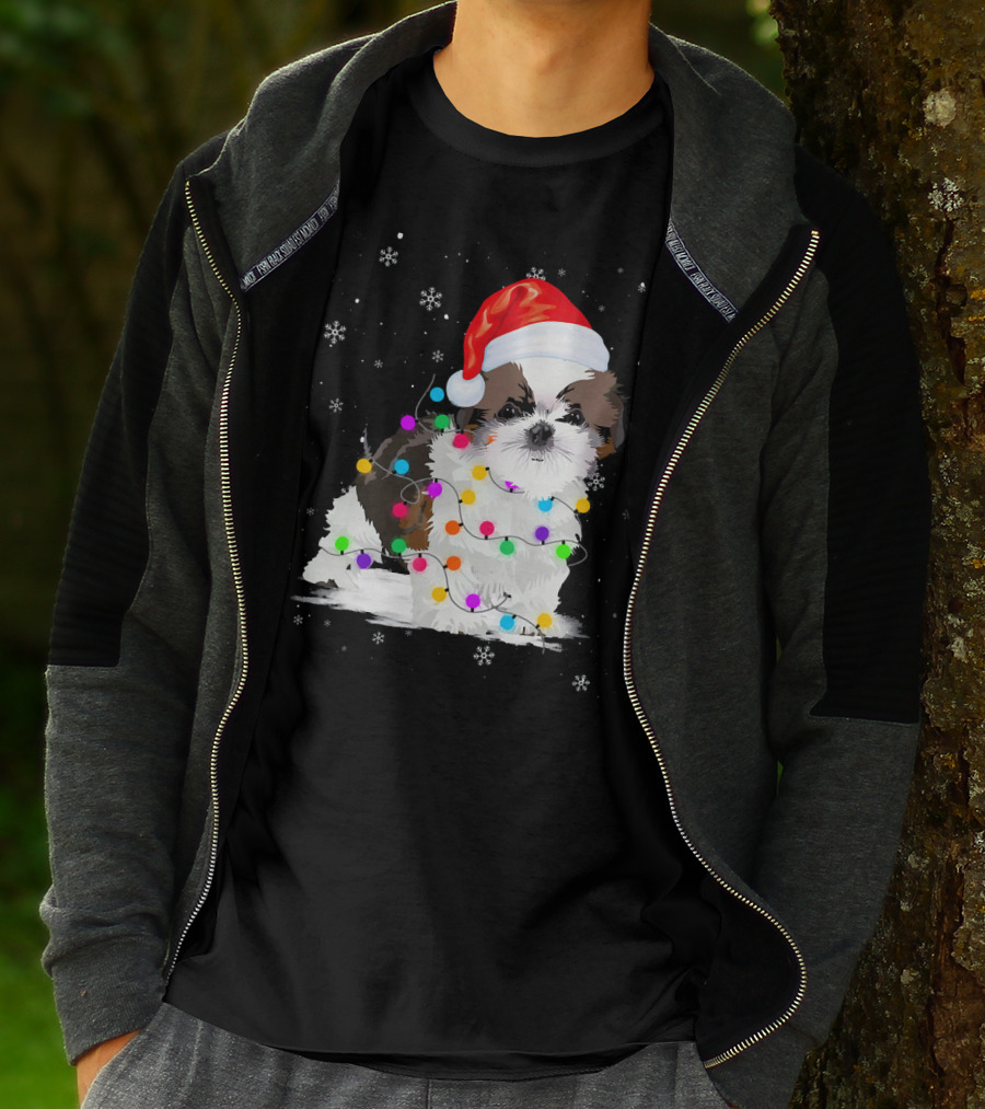 Shih Tzu Santa Hat Christmas Lights Snowflakes T-Shirt