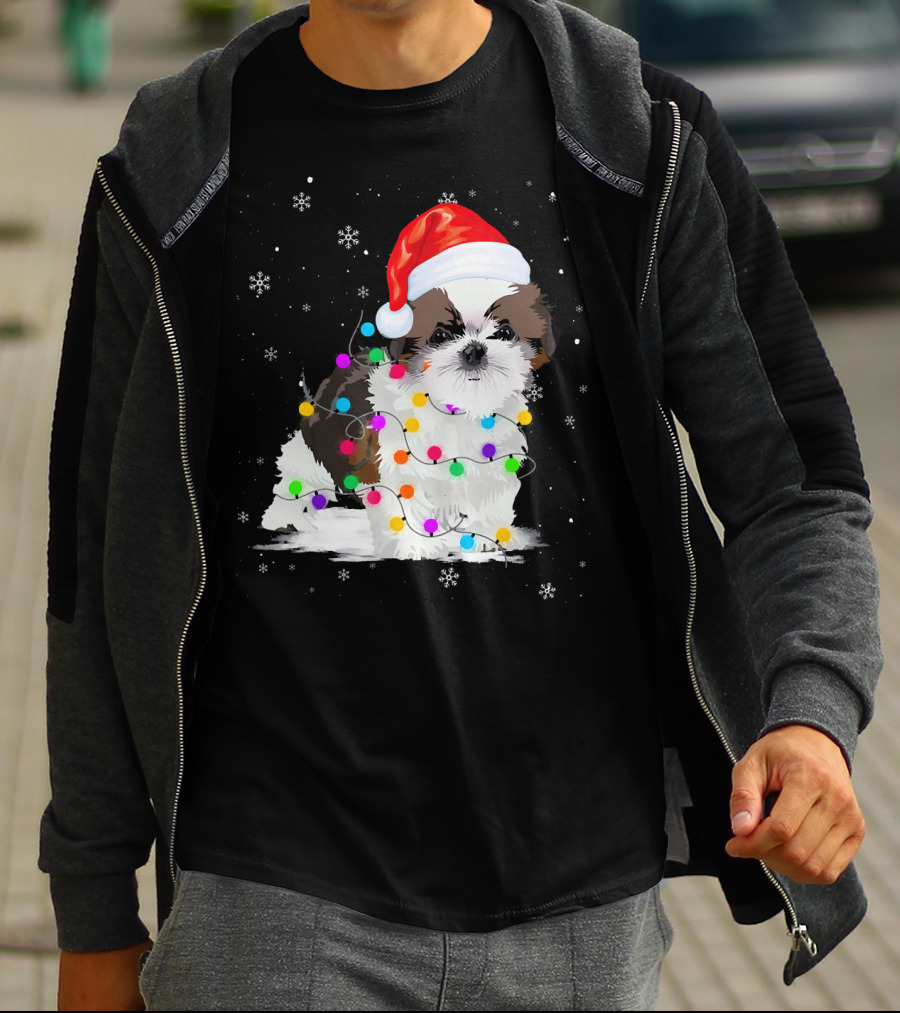 Shih Tzu Santa Hat Christmas Lights Snowflakes T-Shirt