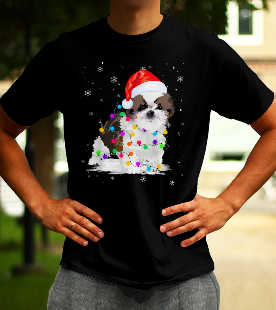 Shih Tzu Santa Hat Christmas Lights Snowflakes T-Shirt