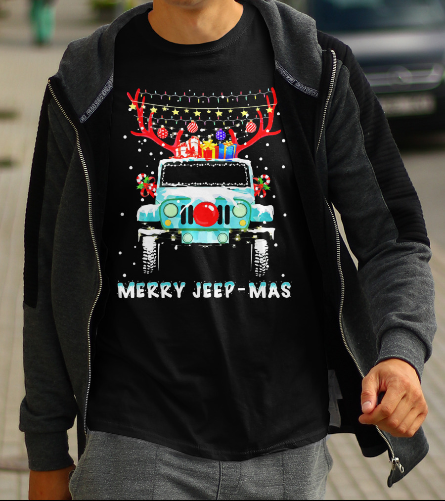 MERRY JEEP-MAS Reindeer Antlers Christmas Lights Jeep T-Shirt