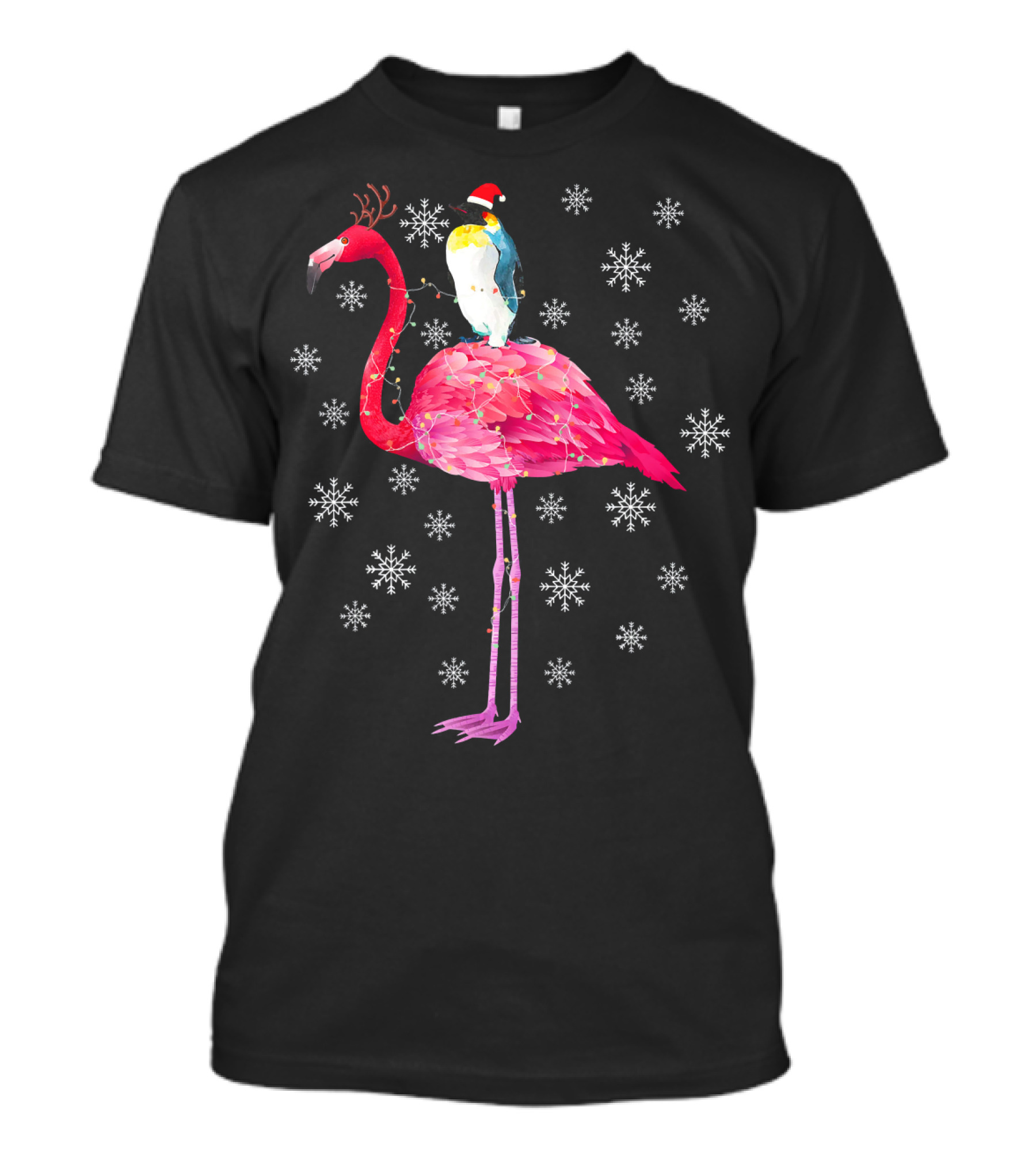 Penguin With Santa Hat Riding Flamingo With Antlers Surrounded By Snowflakes T-Shirt