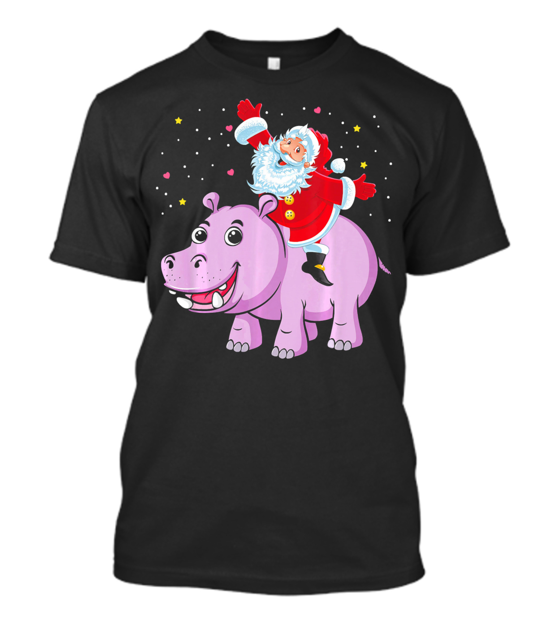 Santa Claus Riding A Happy Hippo Merry Christmas Stars T-Shirt