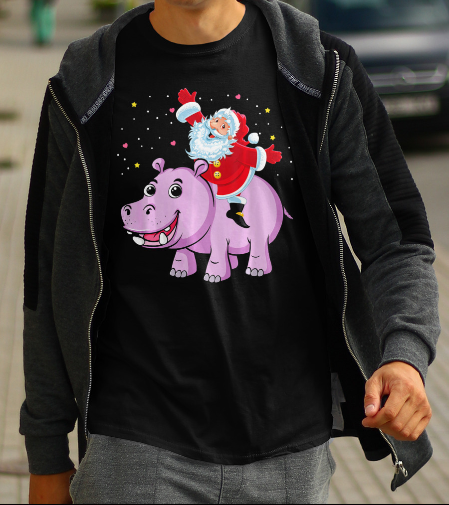 Santa Claus Riding A Happy Hippo Merry Christmas Stars T-Shirt