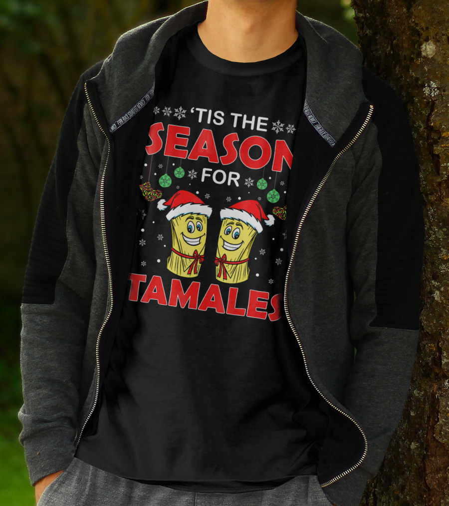 ‘Tis The Season For Tamales Christmas Santa Hat Snowflakes T-Shirt