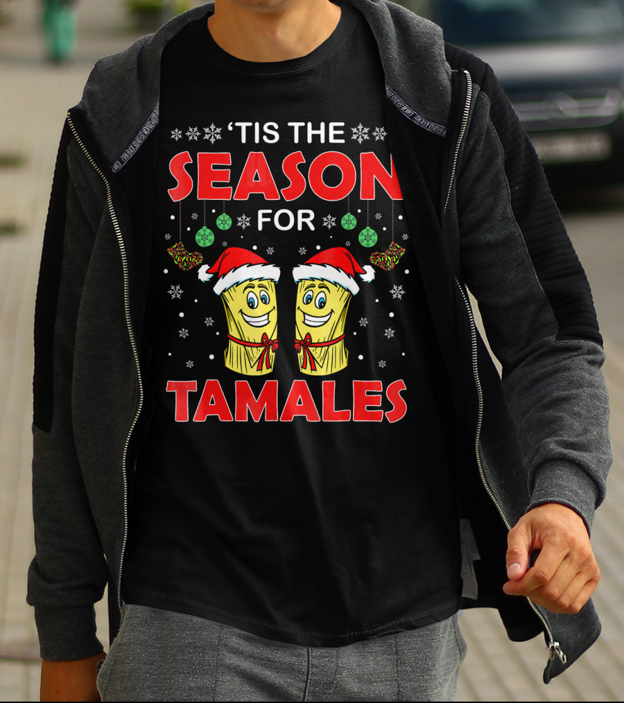 ‘Tis The Season For Tamales Christmas Santa Hat Snowflakes T-Shirt