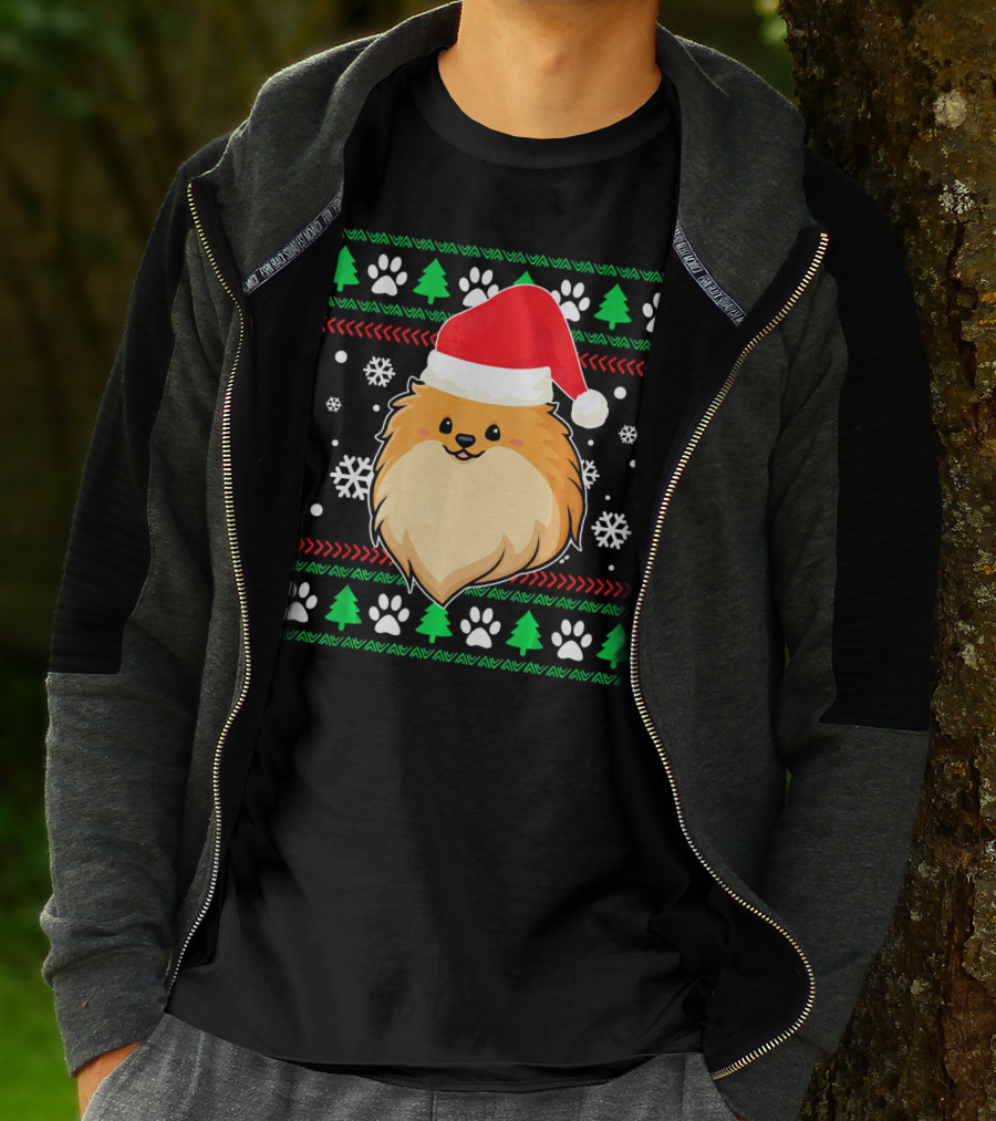 Pomeranian Santa Hat Ugly Christmas Sweater Snowflakes Trees Paws T-Shirt