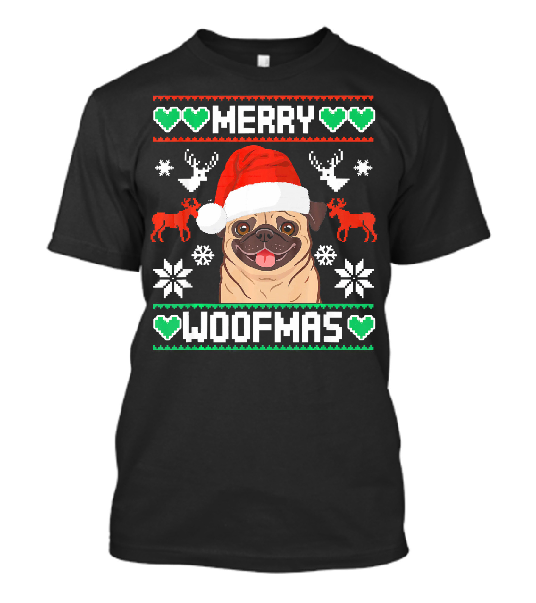 Merry Woofmas Christmas Xmas Santa Claus Dog Reindeer Pug In Santa Hat With Snowflakes And Green Hearts T-Shirt