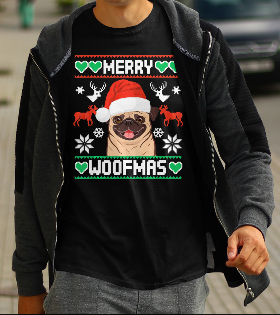 Merry Woofmas Christmas Xmas Santa Claus Dog Reindeer Pug In Santa Hat With Snowflakes And Green Hearts T-Shirt