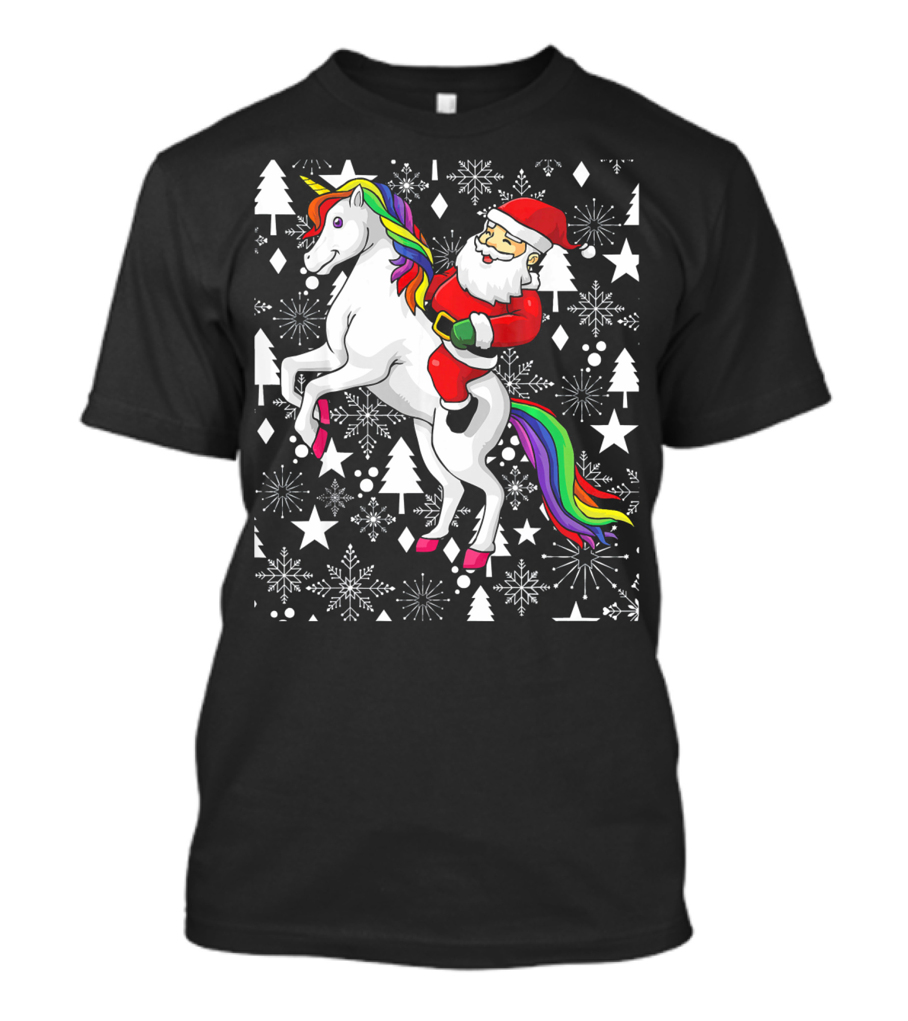 Santa Claus Riding A Unicorn Ugly Christmas Sweater With Stars And Snowflakes T-Shirt