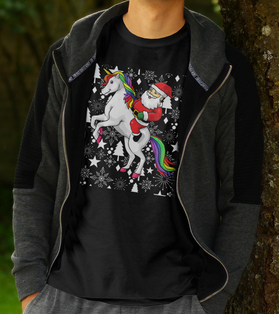Santa Claus Riding A Unicorn Ugly Christmas Sweater With Stars And Snowflakes T-Shirt