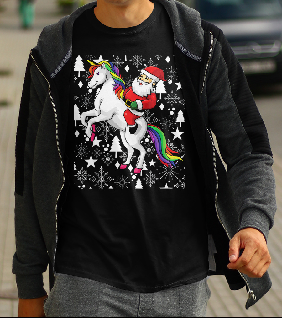 Santa Claus Riding A Unicorn Ugly Christmas Sweater With Stars And Snowflakes T-Shirt