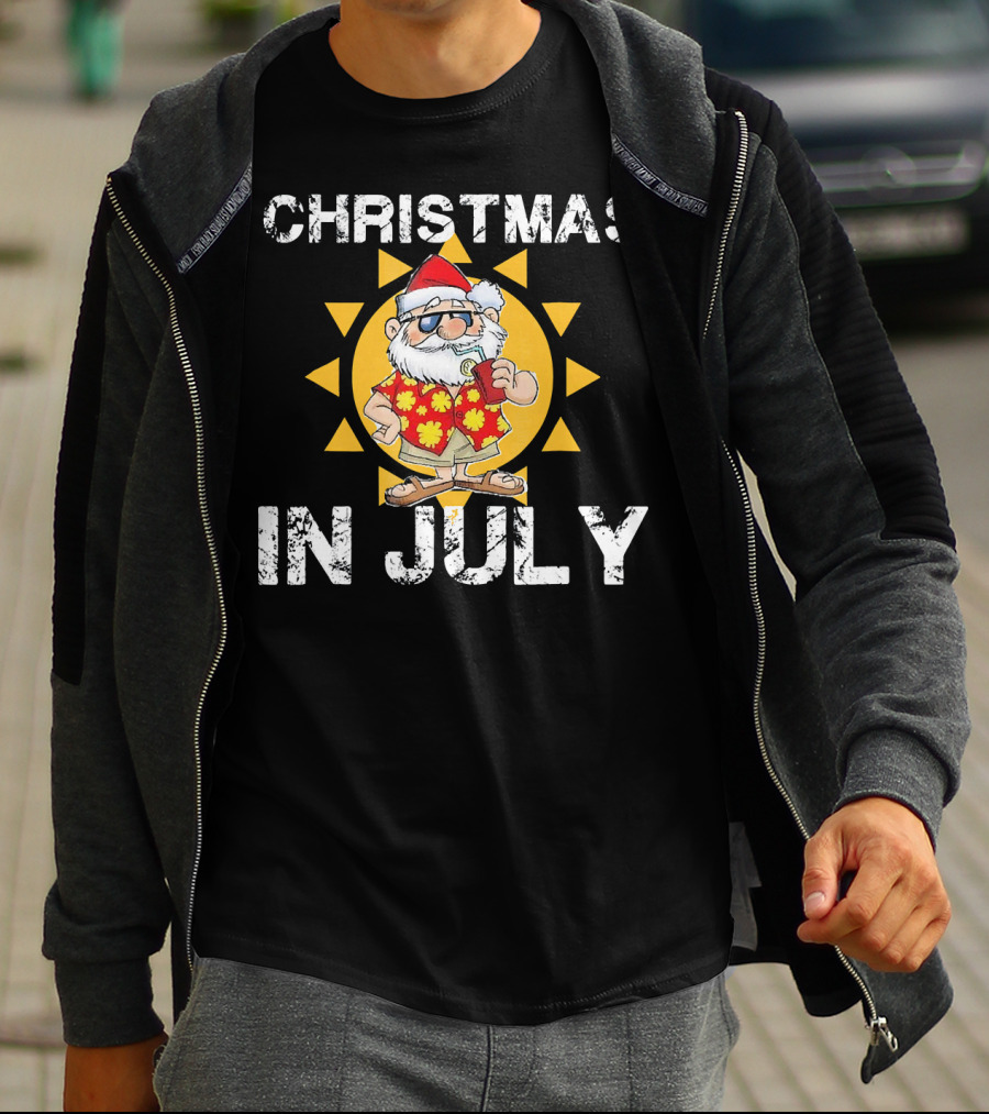 Christmas In July Funny Santa In Hawaiian Shirt With Sunglasses And Drink T-Shirt