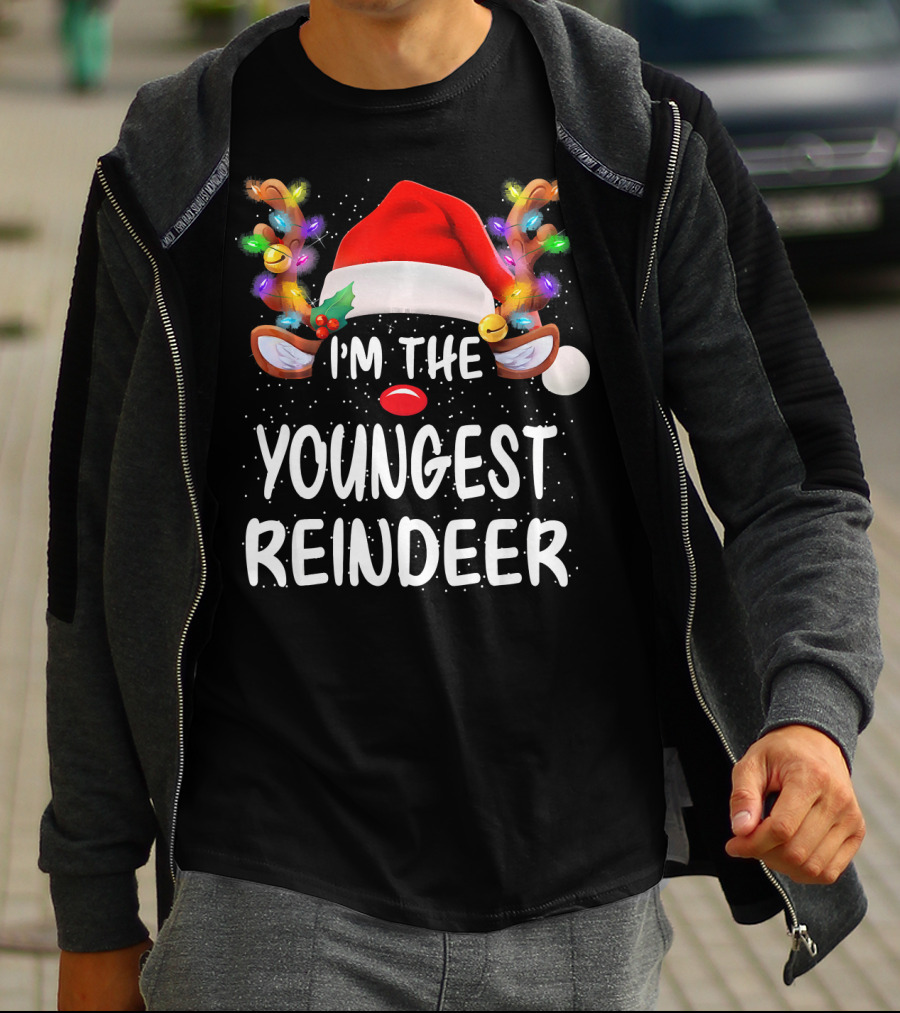 I'm The Youngest Reindeer Santa Hat Light-Up Antlers Snowfall T-Shirt