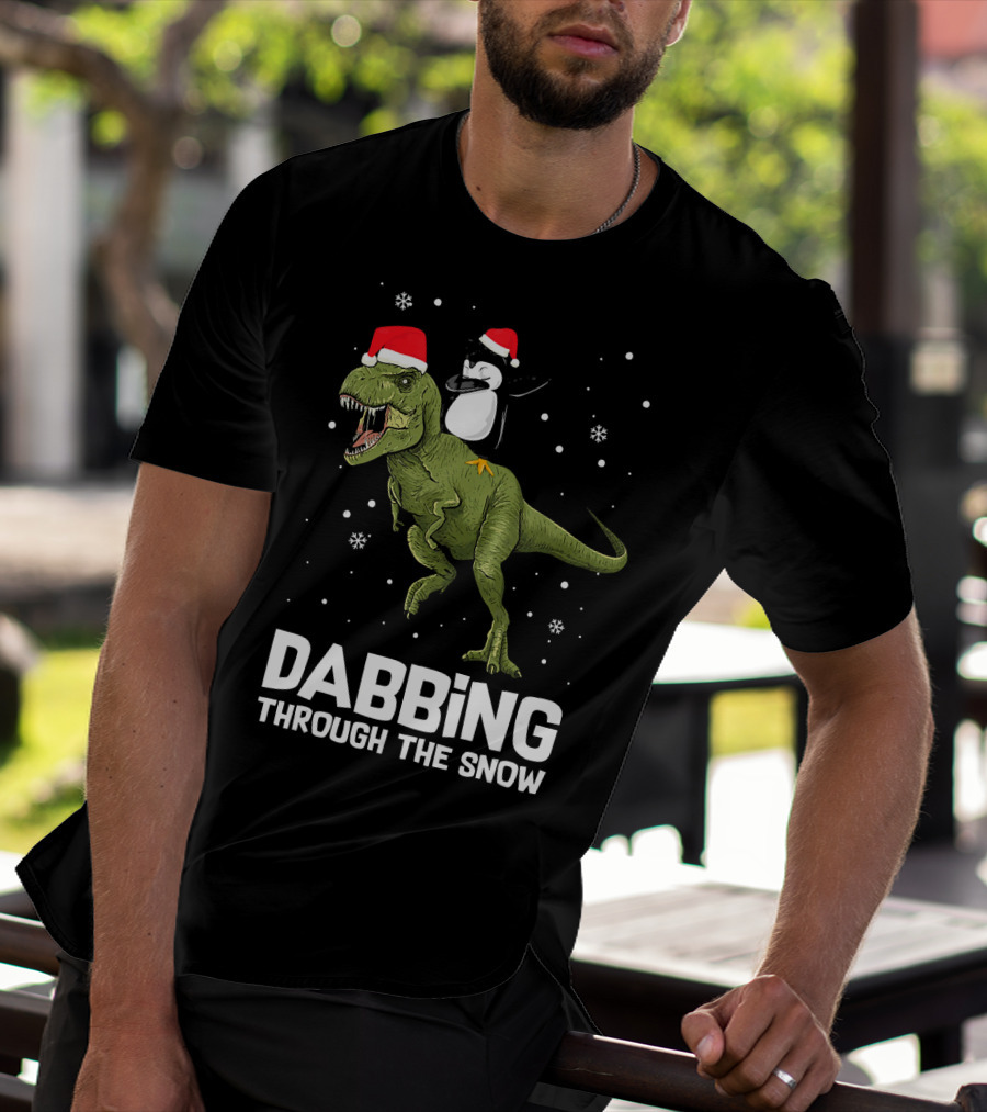 Dabbing Through The Snow Penguin On Dinosaur Christmas T-Shirt