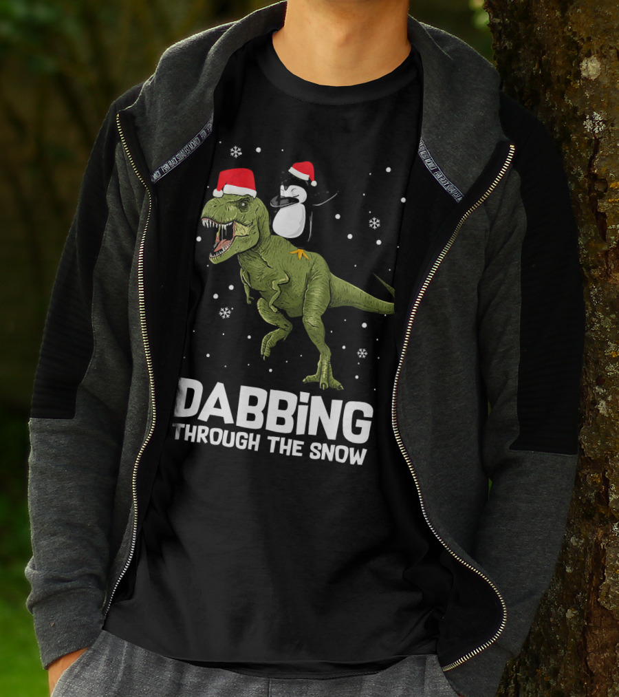 Dabbing Through The Snow Penguin On Dinosaur Christmas T-Shirt