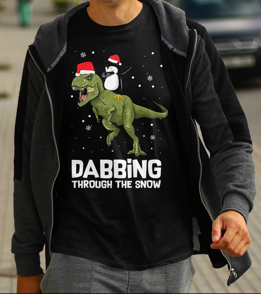 Dabbing Through The Snow Penguin On Dinosaur Christmas T-Shirt