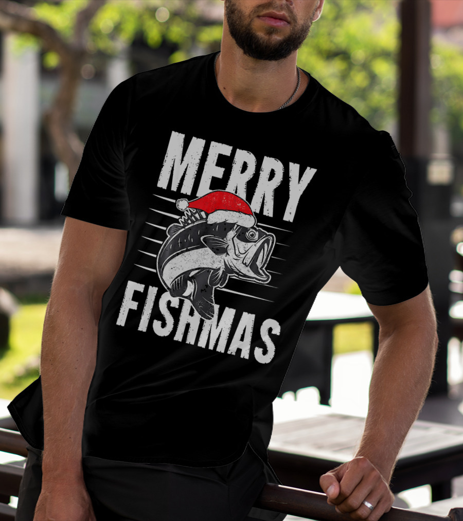 Merry Fishmas Funny Christmas Fishing Santa Hat Fish T-Shirt