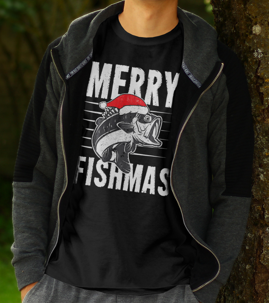 Merry Fishmas Funny Christmas Fishing Santa Hat Fish T-Shirt