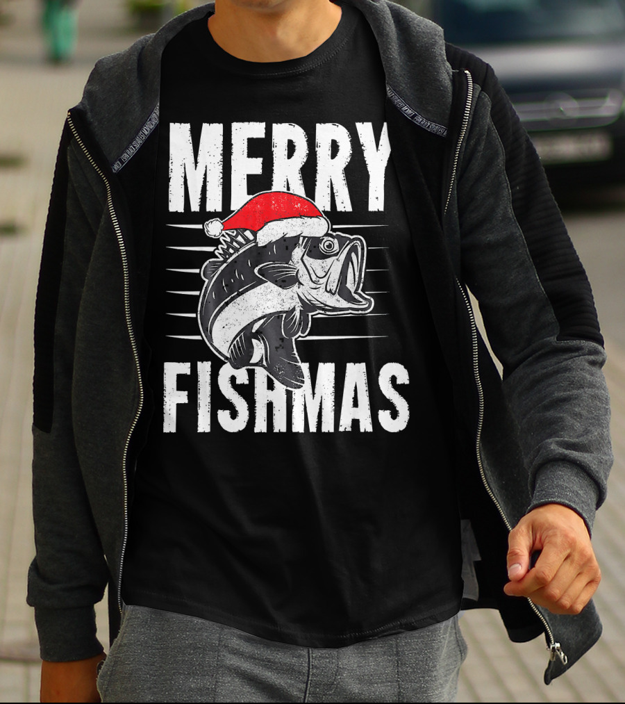 Merry Fishmas Funny Christmas Fishing Santa Hat Fish T-Shirt