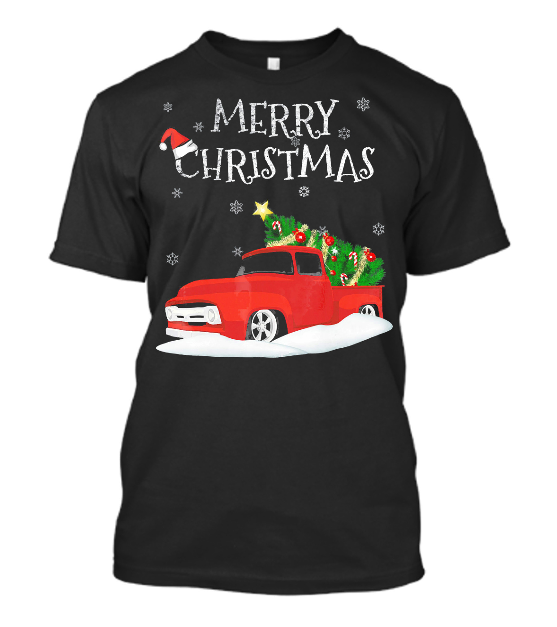 Merry Christmas Red Vintage Truck With Snow And Christmas Tree T-Shirt