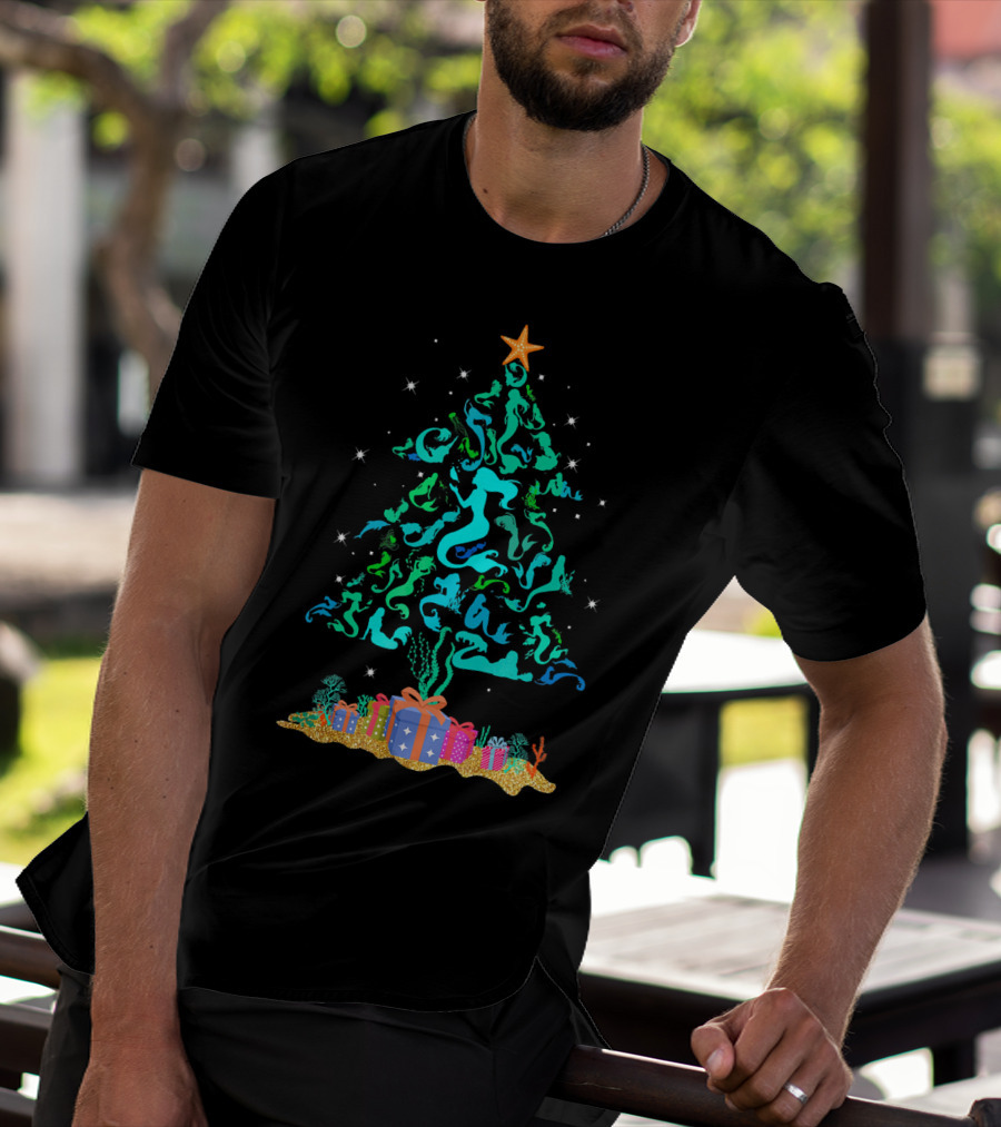 Mermaid Christmas Tree With Gifts And Star Topper T-Shirt