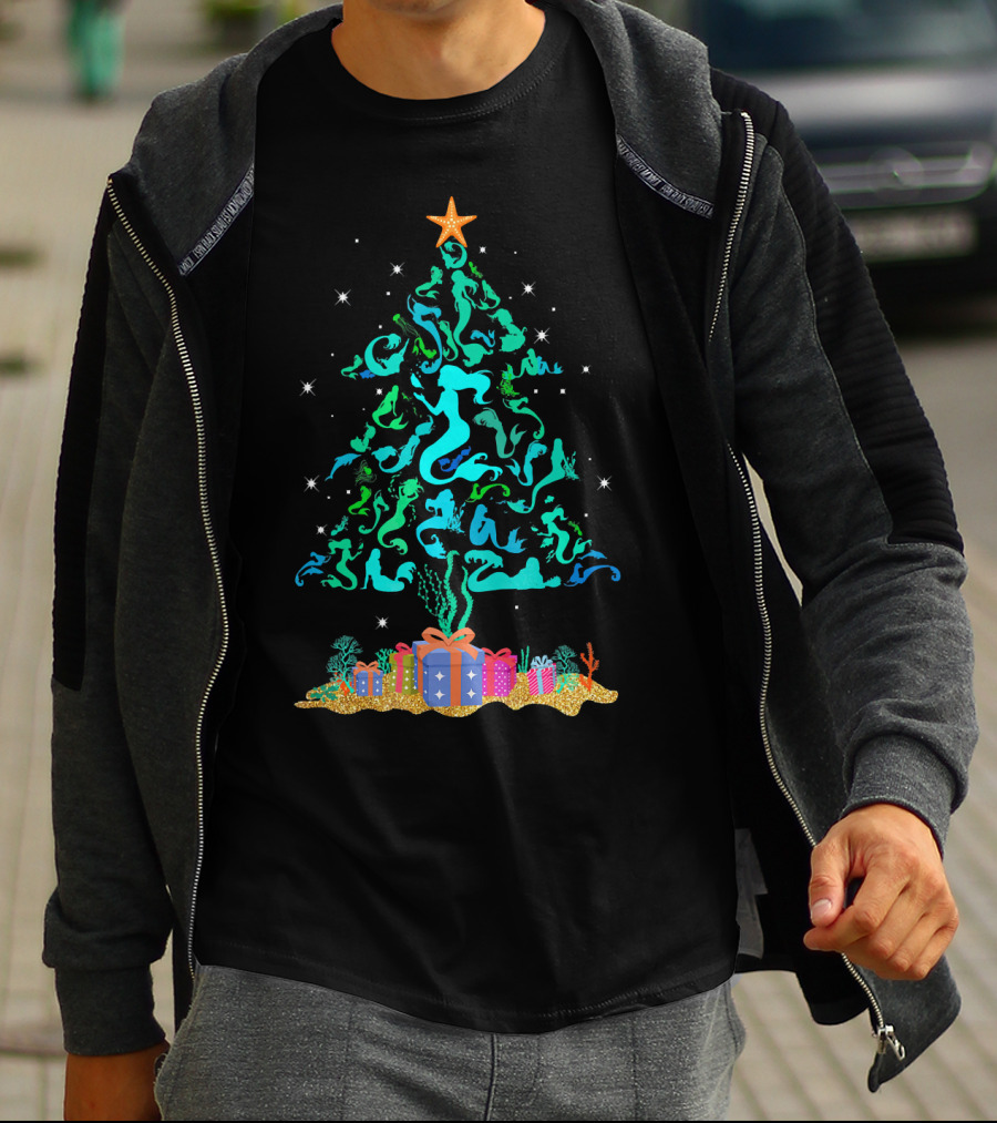 Mermaid Christmas Tree With Gifts And Star Topper T-Shirt
