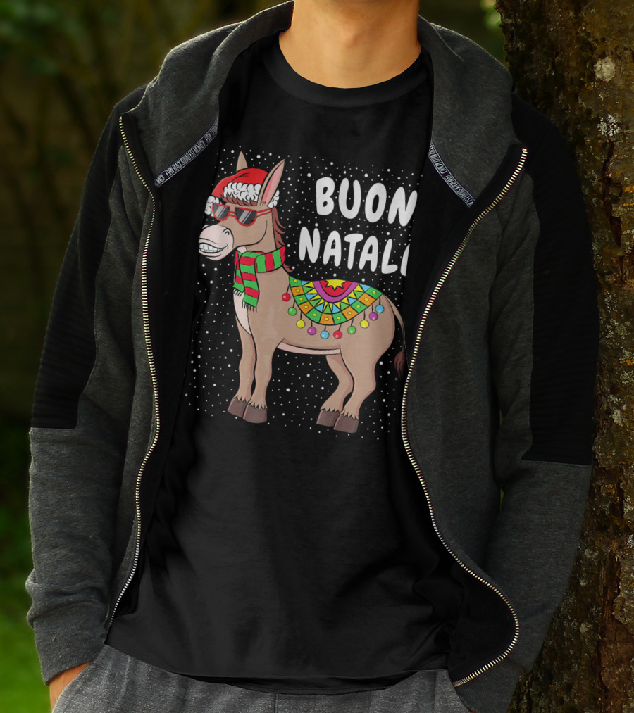 Buon Natale Christmas Donkey With Santa Hat And Colorful Lights T-Shirt