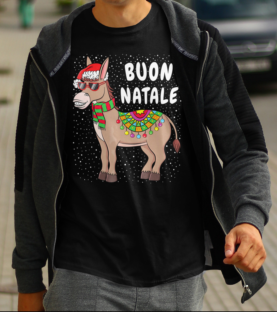 Buon Natale Christmas Donkey With Santa Hat And Colorful Lights T-Shirt