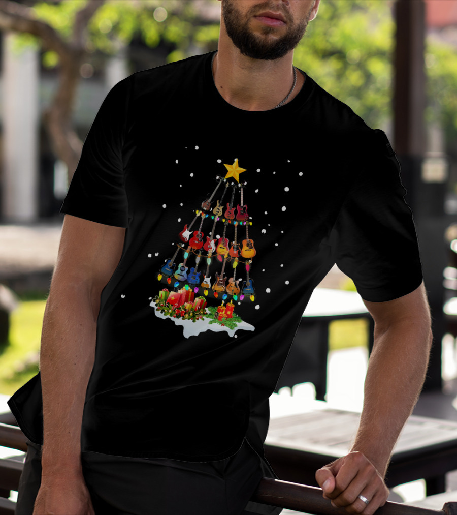 Guitar Christmas Tree Holiday Lights Snowflakes Star Candles T-Shirt