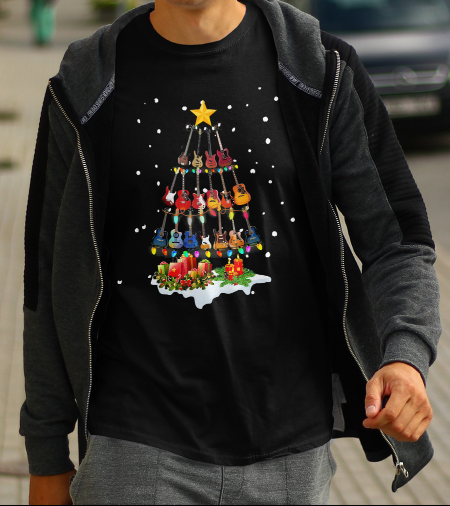 Guitar Christmas Tree Holiday Lights Snowflakes Star Candles T-Shirt