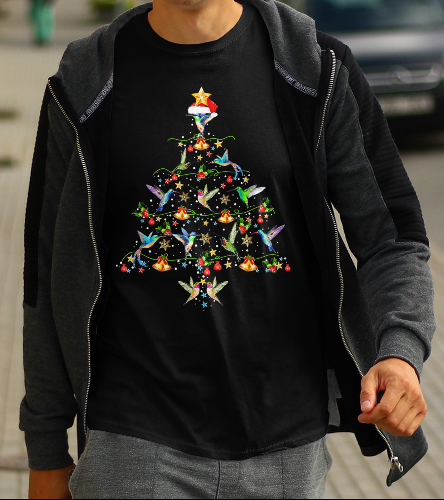 Hummingbirds Christmas Tree Star Santa Hat Festive Bells Holiday Decor T-Shirt