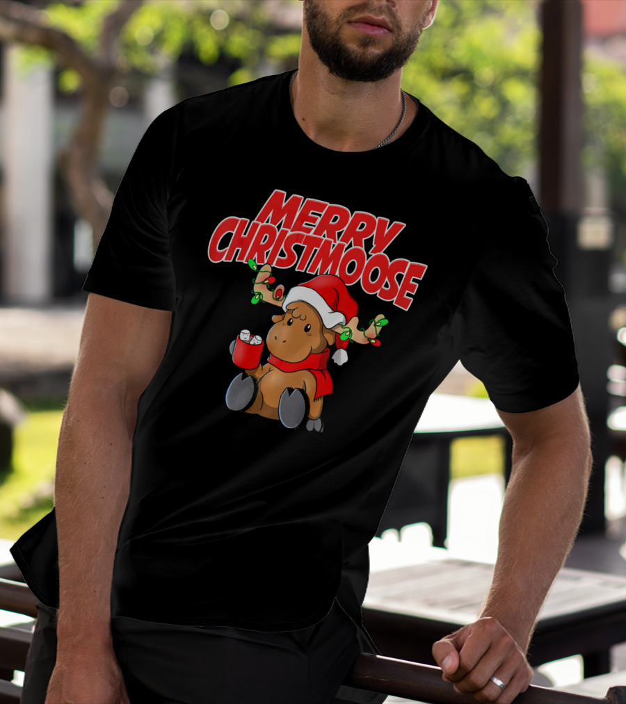 Merry Christmoose Funny Holiday Pun Moose With Santa Hat And Hot Cocoa T-Shirt