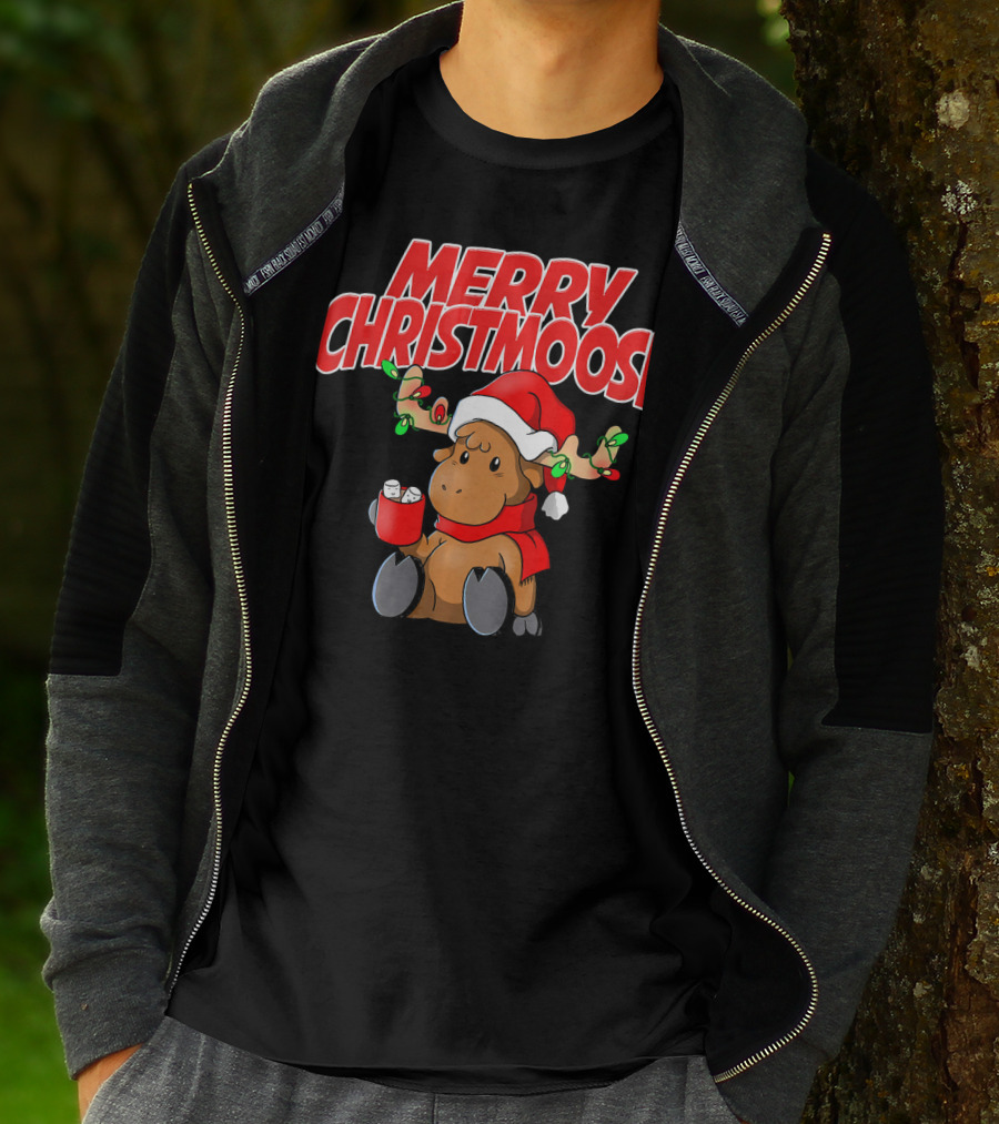 Merry Christmoose Funny Holiday Pun Moose With Santa Hat And Hot Cocoa T-Shirt